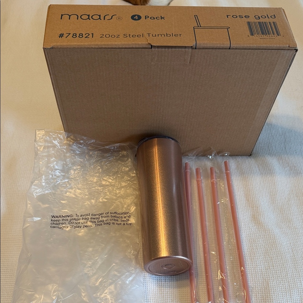 Maars 20 oz Steel Tumbler Rose Gold and Straws 4 pack in a box New